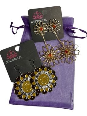 paparazzi Dual Pairs  Gold Flower Drop Earrings with Orange Center Stones